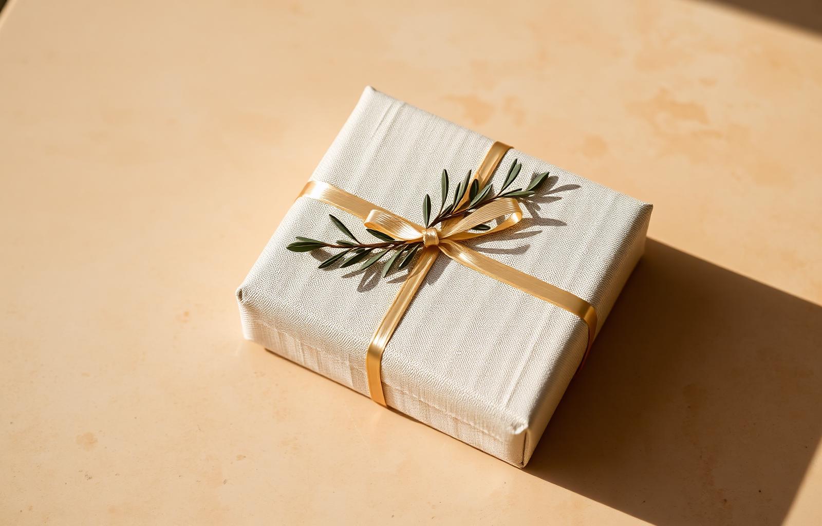 Embalagem premium do Gift Card Ellen Motta Estética com fita dourada e ramo de oliveira